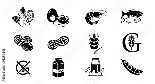 Common food allergens depicted as simple black and white icons