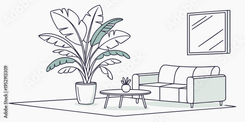 A cozy living room with a large plant and a comfortable couch
