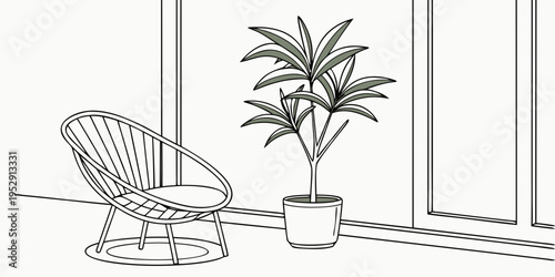 A wicker chair and potted plant placed on a windowsill.
