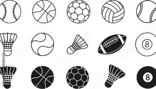 Sports icons vector illustration set including balls and rackets