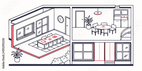A detailed illustration of a modern house with various rooms and furniture.