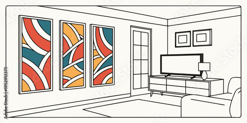 A modern living room with colorful abstract paintings on the wall