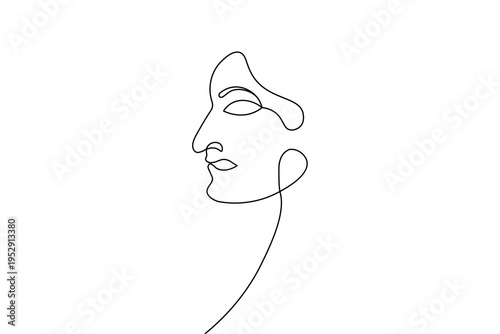 A minimalist continuous one line drawing of a woman's face. This elegant vector illustration features clean black lines on a white background, perfect for modern aesthetic designs and logos.