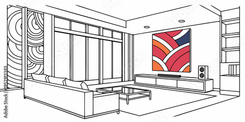 Modern living room with large windows and a prominent red, white, and blue tapestry