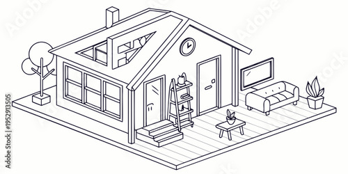 A detailed illustration of a house with a family enjoying their day