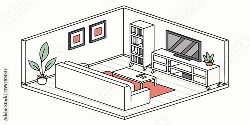 Modern living room with a television, sofa, and decorative plants