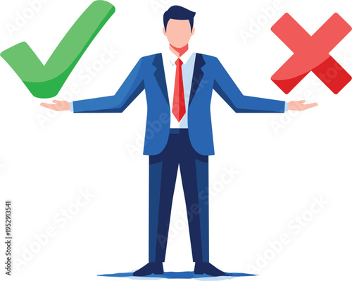 Business decision concept illustration, man choosing correct or wrong option, yes and no symbols, approval rejection choice, corporate evaluation, risk management strategy design