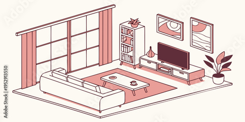 A cozy bedroom with a large window, television, and a potted plant.