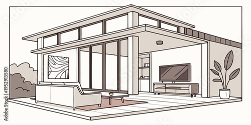 A modern house with a large window and a cozy living room