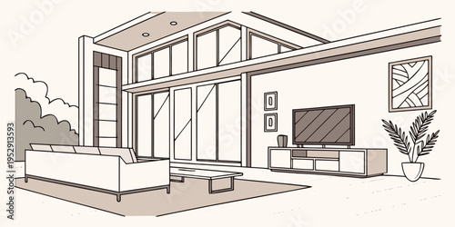 Modern bedroom with large windows and a cozy living area with a television.