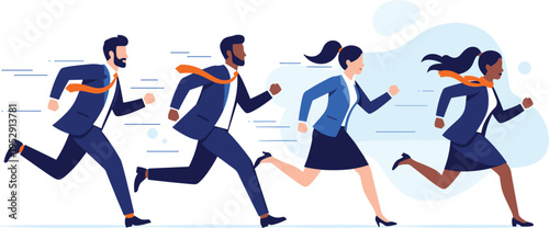 Business team running illustration, corporate speed concept, professional employees sprinting, teamwork energy, office competition