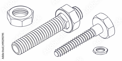 Assorted bolts, nuts, and washers on a white background