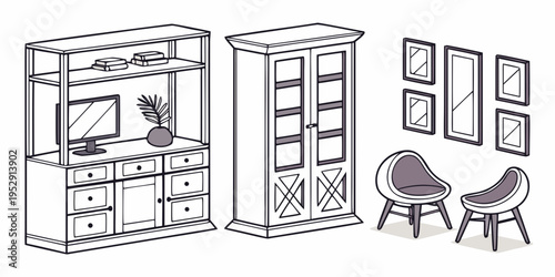 A stylish living room featuring a television stand, a glass-fronted cabinet, and two chairs.