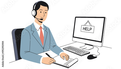 Customer support agent wearing a headset at a desk with a computer