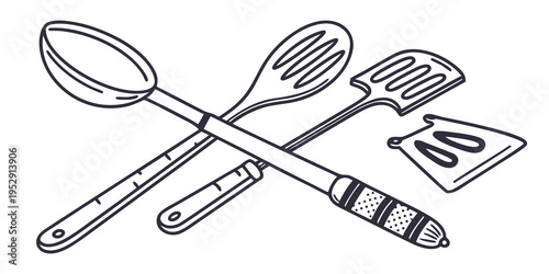 A collection of cooking utensils including a spatula, whisk, and ladle