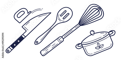 An illustration of various kitchen utensils including a spatula, ladle, whisk, and pot
