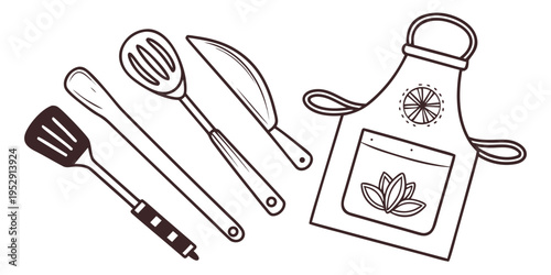 A collection of kitchen utensils and an apron with a floral design