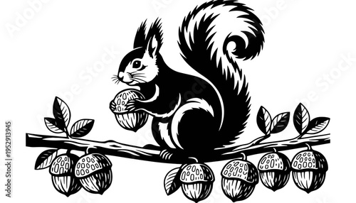A squirrel silhouette illustration holding an acorn on a branch