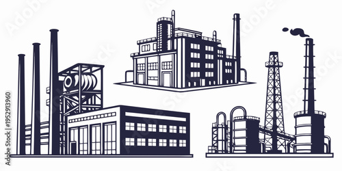A detailed illustration of various industrial buildings and structures.