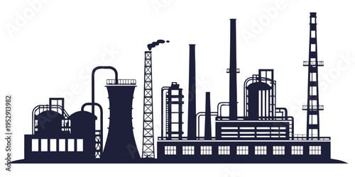 A detailed silhouette of an industrial landscape featuring various factories and smokestacks.