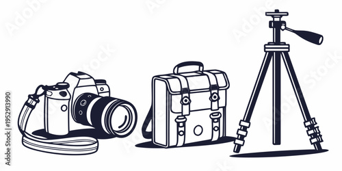 Photography equipment including camera, tripod, and camera bag