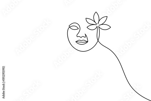 A minimalist continuous one line drawing of a woman's face. This elegant vector illustration features clean black lines on a white background, perfect for modern aesthetic designs and logos.