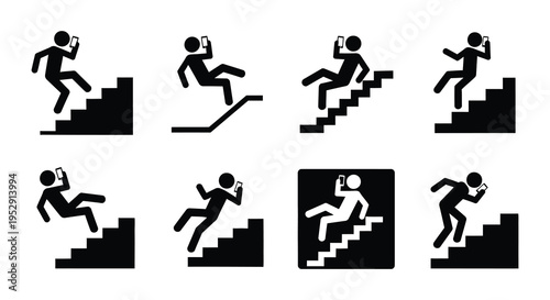 Stick figures falling down stairs while distracted by smartphones