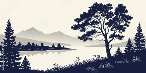 A serene landscape featuring a tranquil lake surrounded by lush trees and distant mountains