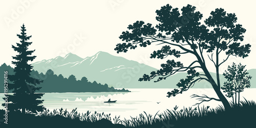 Serene landscape with a tranquil lake surrounded by lush green trees and distant mountains