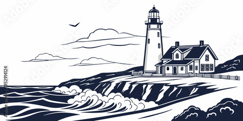 A picturesque lighthouse standing tall on a rocky cliff overlooking a stormy sea