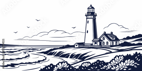 A picturesque lighthouse stands tall on a rocky coastline with a horse and cart nearby