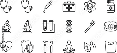 Comprehensive medical and healthcare line icon set featuring clinical tools laboratory research dental care and wellness symbols.