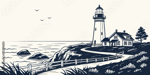 A serene lighthouse standing tall on rocky cliffs by the sea with birds flying overhead.