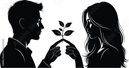 Romantic couple silhouette exchanging young plant, symbol of love growth, relationship care, sustainability concept, man and woman facing each other vector illustration