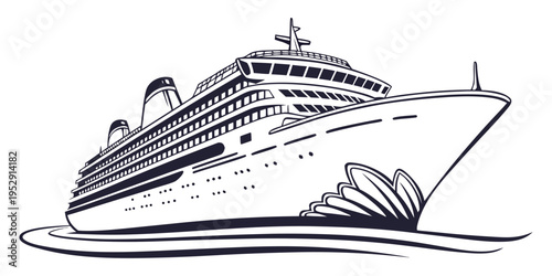 A large cruise ship sailing on the calm ocean with a wake behind it