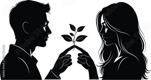 Romantic couple silhouette holding young plant together, symbol of love, growth, partnership, eco relationship concept, minimal black vector illustration, romantic connection harmony