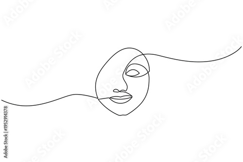 A minimalist continuous one line drawing of a woman's face. This elegant vector illustration features clean black lines on a white background, perfect for modern aesthetic designs and logos.