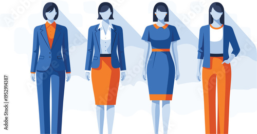 Business women fashion illustration set, professional office outfits collection, corporate dress styles, female workwear design