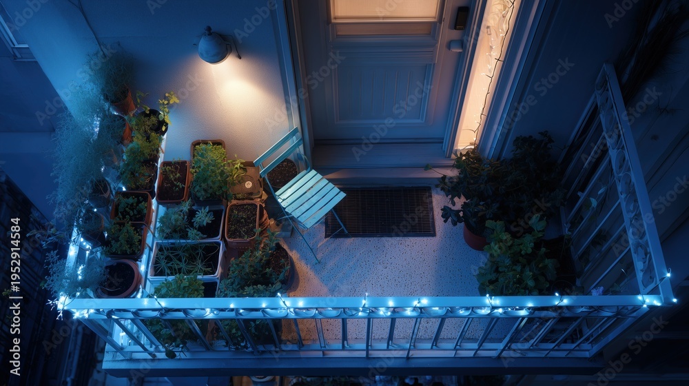 Obraz premium Cozy urban balcony vegetable garden at night with glowing string lights and single green chair above city street