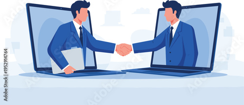 Online business handshake illustration, virtual meeting agreement concept, digital partnership deal, remote collaboration, corporate communication technology, professional 