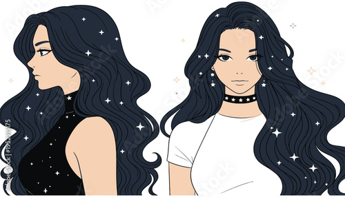 A cartoon woman with long black hair and starry makeup illustration vector