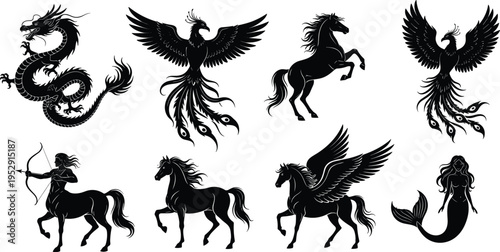 Black Mythological Creatures Silhouette Set Featuring Dragon Phoenix Pegasus Centaur Mermaid and Horse Icons for Fantasy Graphic Design and Heraldic Branding