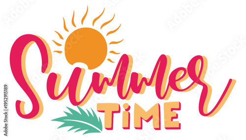 Summer time colorful illustration with sun and palm leaf
