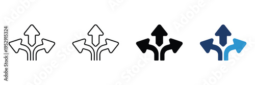 direction arrow icon with multiple paths, choice and decision making symbol, strategy and planning concept, alternative routes navigation, growth and progress pictogram for business scenarios, vector