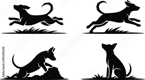 Dog silhouette action set with jumping running digging and sitting poses, domestic pet animal vector illustration, black canine shapes isolated on white background