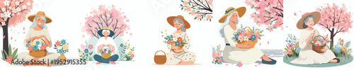 vector of a grandmother sitting with a basket of flowers in spring