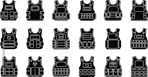 Tactical vest icons set, military body armor silhouettes, bulletproof vest collection, security gear illustration, law enforcement equipment, army protection apparel design, vector style