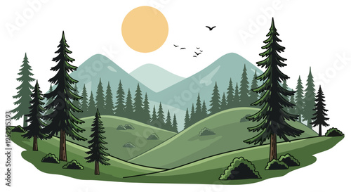 Vector Landscape Illustration with Pine Forest and Mountains