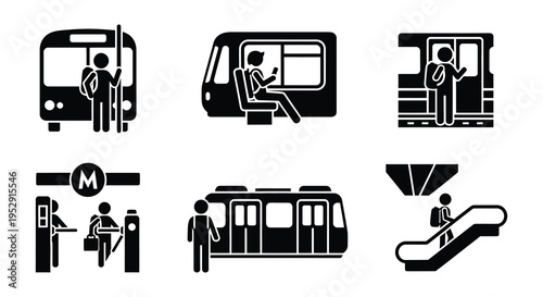 Black and white icons depicting people traveling on a subway system