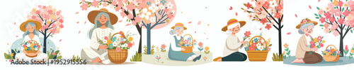 vector of a grandmother sitting with a basket of flowers in spring